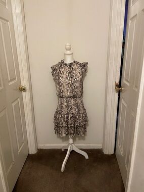 Snake Print Ruffle Tiered Mini Dress - Neutral Tones